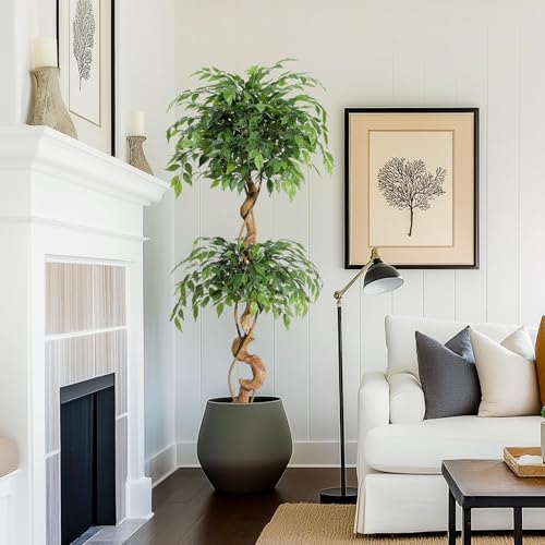 GarveeHome Artificial Ficus Tree with Curved Trunk, 150 cm Artificial Silk Plant with White Pot, Artificial Plants for Decoration of Interiors, Offices and Living Rooms