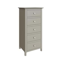 FWStyle Palma Grey 5-Drawer Tall Slim Chest of Drawers – Fully Assembled Narrow Storage Unit with Smooth-Glide Drawers & Brushed Metal Handles – Compact Bedroom Furniture