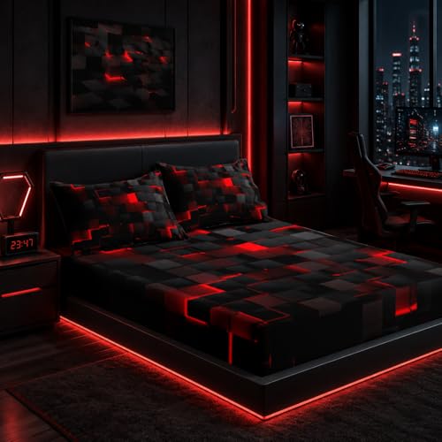 "Nttopship Soft Bedding Fitted Sheet Full Size,Geometric Red Black Microfiber Fitted Sheet with 16"" Deep Pockets Fitted Sheet Room Decor,Bed Sheets & 2 Pillowcases for Kids Boys and Girls"