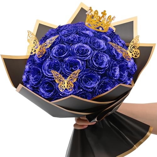 Waipfaru 36 Pcs Glitter Roses Bouquet, DIY Flowers Bouquet - Birthday Gifts for Women Mom Grandma Wife, Fake Rose for Valentines, Mothers Day, Anniversary, Graduation Gifts, Blue