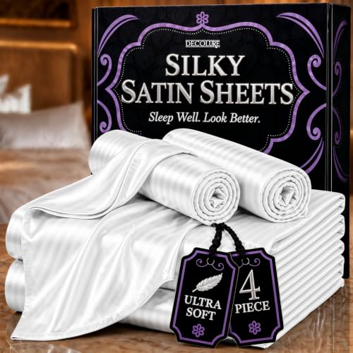 DECOLURE Satin Bed Sheets - 4 Piece Luxury Silky Full Size Bedding Set - Softer Than Silk, Wrinkle-Free with 15??? Deep Pocket Fitted Sheet, Perfect for Hair & Skin, Gifts for Women (Striped White)