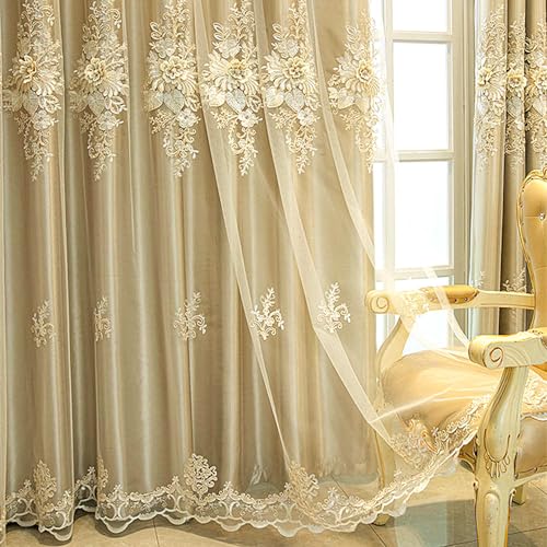 Amidoudou 1 Pair Luxury European Curtains with Valance for Living Room Bedroom Double Layer Embroidered Curtains (Gold,52x102 Inch)