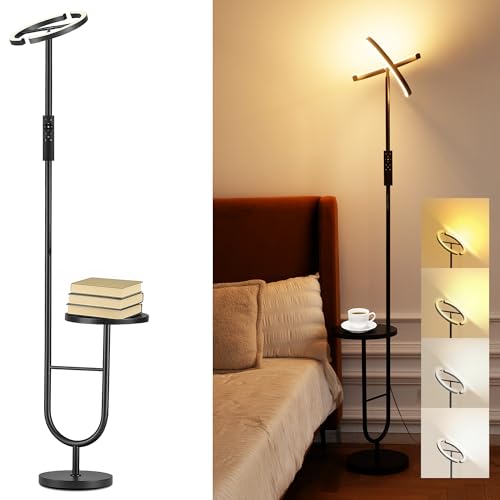 LuminexDesigns Floor Lamp with Shelf for Living Room, 36W LED Dimmable 175cm Tall Standing Corner Lamp with Remote Control, 360° Rotating Head, 2700K–6500K Modern Black Uplighter Reading Lamp