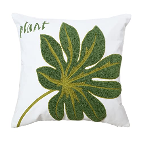 Hodeco Embroidery Throw Pillow Cover 18x18 Green Tropical Leaf Loop Plant Word Embroidered Floor Pillow Cover for Couch 100% Cotton Decorative Cushion Cover Home D??cor Pillow Case 45x45cm, 1 Piece