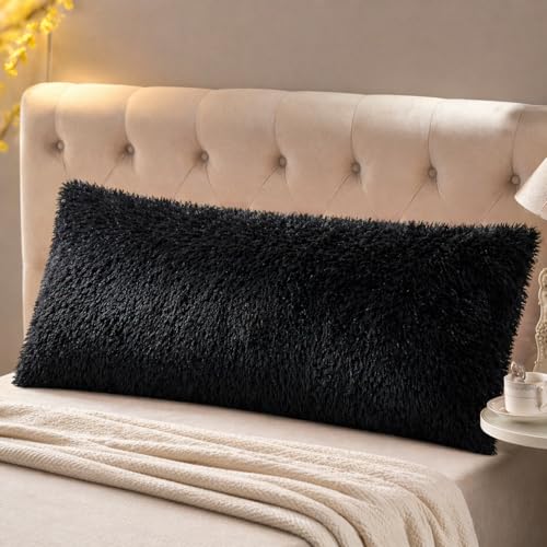 "Reafort Luxury Long Hair, PV Fur, Faux Fur Body Pillow Cover/Case 21""x54"" with Hidden Zipper Closure (21""x54"" Body Pillow Cover, Black)"