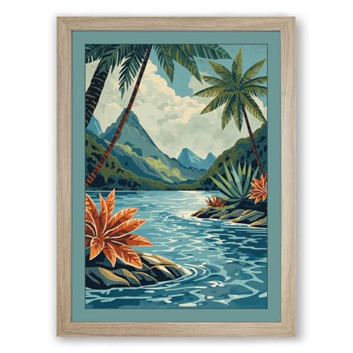 Lagoon Paradise Tropical Framed Wall Art Print A2 (59.4×42cm) Oak, Wall Decor for Living Room, Bedroom, Office & Home, Ready to Hang, Art Gift