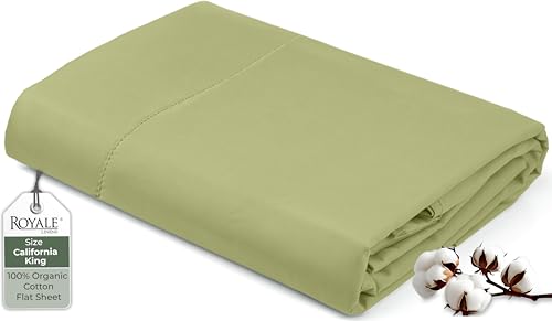 "Royale Linen 100% Organic Cotton California King Flat Sheet Only - Super Soft - Percale Top Sheets - King Cal Flat Sheet Sold Separately - Cool & Crisp Sage Green Sheets Only (108"" x 102"", Sage Green)"