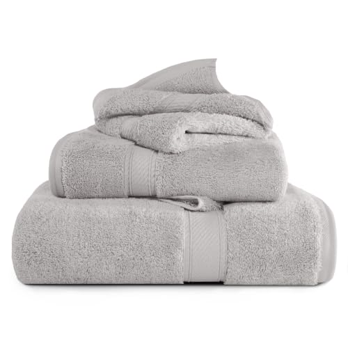 Superior Solid Egyptian Cotton Towel Set, Hand Towel 20” x 30”, Bath Towel 30” x 55”, Washcloth 13” x 13”, Silver, 3-Pieces