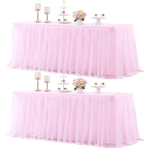 Suppromo 2 Pack 6ft Pink Tablecloths for Rectangle Tables 72 x 30 Inch Pink Rectangular Table Cloth, Wrinkle Free Table Cover with Tutu Skirt for Baby Shower Birthday Party Banquet Buffet Cake