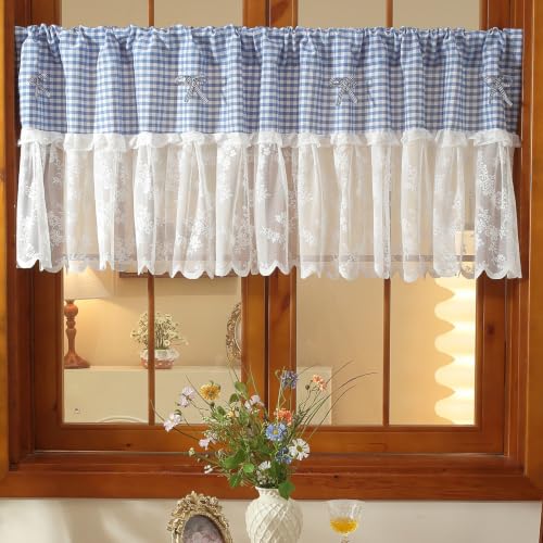 "Huierxun Blue and White Buffalo Check Plaid Tier Curtains Floral Lace Semi Sheer Kitchen Curtain Farmhouse Gingham Curtains Rod Pocket Tiers for Living Room (Blue A,79""x24"")"