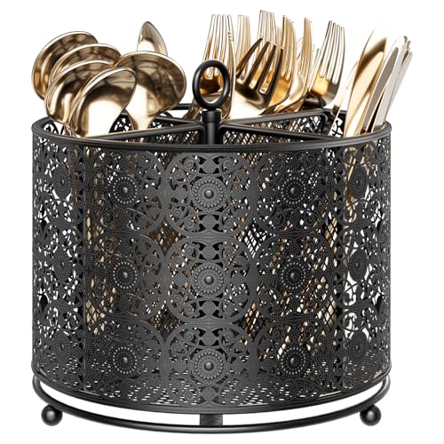 YIUKEA 360?? Rotating Utensil Caddy Countertop - Cutlery Silverware Caddy Holder with 4 Compartment - Higher Raised Flatware Organizer with Handle for Party Kitchen Counter Office Black