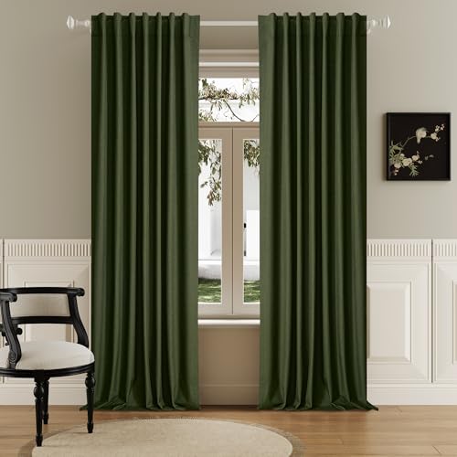 120 Inch Extra Long Linen Olive Green Curtains Floor to Ceiling for Sliding Glass Doors 2 Panels, Flax Linen 100% Blackout Elegant Boho Thermal Curtains for Large Windows 10 FT Drapes,50 x 120 Inch