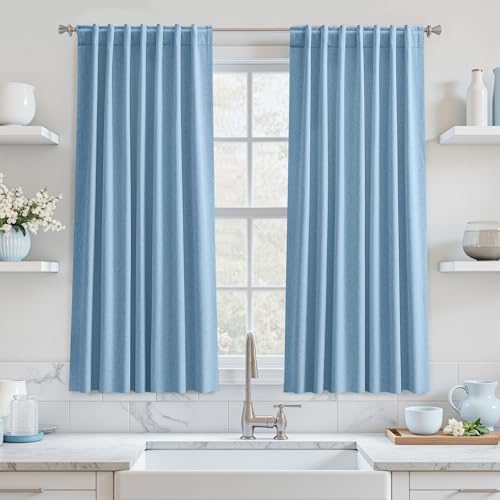 UHITECH Short Living Room Blackout Curtains 54 Inch Length 2 Panels, Blue - Linen Blend Drapes for Kitchen/Small Window/Dining Room/Living Room, Thermal Insulated, Noise Cancelling, Light Blocking