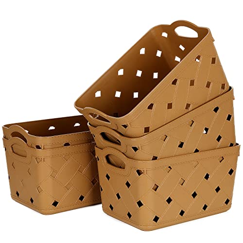 ASelected 5 Pack Plastic Woven Storage Basket With Handles, Small 24x17x13cm, Beautiful Fashionable, Skin Pattern Cross Woven, For Kitchen, Living Room, Office, Bathroom, Bedroom, ( Orange )