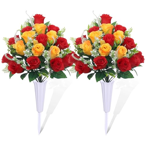 LOSFOTBO Set of 2 Artificial Cemetery Flowers, Grave Memorial Flowers with Vase, Outdoor Grave Decorations Roses for Cemetery Headstones Decoration (Red Yellow)