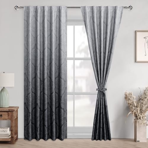 DWCN Ombre Room Darkening for Bedroom - Back Tab & Rod Pocket Elegant Damask Design Thermal Insulted Window Drapes with Tiebacks Light Blocking Curtains for Living Room, 2 Panels, W42 x L84, Black