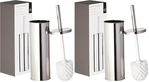 Premier Housewares Toilet Brush & Holder - Chrome Metal Toilet Set - Attached Lid Cleaner - Free Standing Loo Reflective with White Bristles (Pack of 2)
