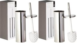 Premier Housewares Toilet Brush & Holder - Chrome Metal Toilet Set - Attached Lid Cleaner - Free Standing Loo Reflective with White Bristles (Pack of 2)