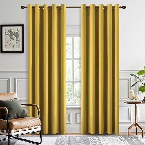 DONREN Thermal Insulated Linen Full Blackout Curtains 66x84 Inches, Grommet Room Darkening Drapes for Bedroom & Living Room, 2 Panels, Gold Yellow