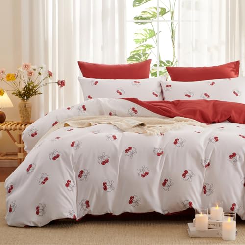 Bildenly White Comforter Set Full Size - Red Cherry Quilt Bedding Set 3 Pieces, Comforter Set Full, Soft & Lightweight Comforter(79?????? x 90??????) for Girl All Season & 2 Pillowcases(30??????x20??????)