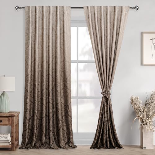 DWCN Ombre Room Darkening Curtains for Bedroom - 96 inches Length Elegant Damask Design Tieable Window Drapes Thermal Insulted Light Blocking Curtains for Living Room, 2 Panels, W52 x L96, Brown