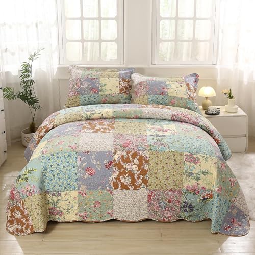 vctops Boho Patchwork Cotton Quilted Bedspread Quilt Set Queen Size 3 Pieces Soft Reversible Lightweight Coverlet Set Floral Print 1 Quilt and 2 Pillow Shams (Purple,Queen)