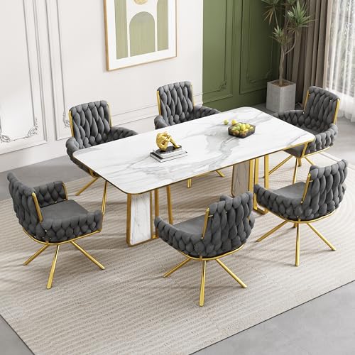 Merax Dining Chairs Set of 6, Modern Upholstered Seat for Kitchen, Living Room, or Bedroom, Luxurious Leisure Swivel Armchair with Sturdy Metal Legs and Soft Velvet Upholstery, Grey