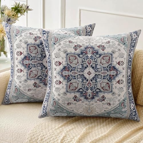 ZSYTZL Boho Throw Pillow Covers 24x24 inch Set of 2,Soft Pillowcases Bohemia Carpet Pattern Decorative Sofa Living Room Bed Square Pillow Case Cushion Cover-Blue Cyan