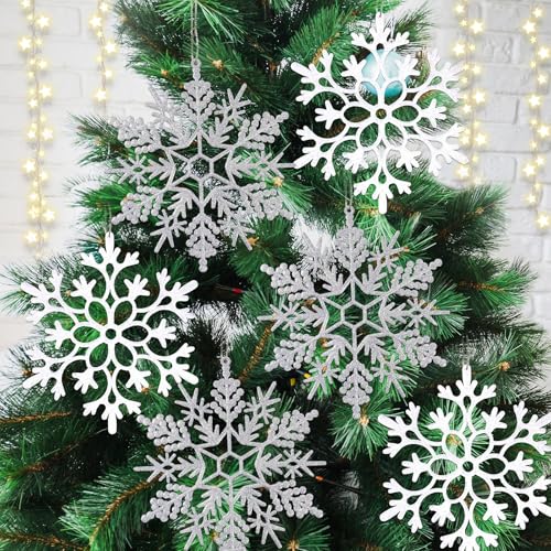 Kockuu 6pcs Large White Silver Snowflakes Ornaments, Giant Plastic Glitter Snowflake for Winter Indoor Outdoor Christmas Tree Window Room Decorations, 12/11.5 Inch