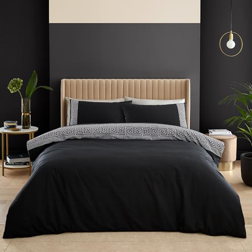 Catherine Lansfield Artemis Greek Key Reversible King Duvet Cover Set with Pillowcases Black