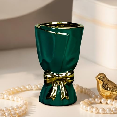 Wancetang Green Ceramic Vases Home Decor, Modern Bow Vase for Flower - 7 Inch Small Decorative Vase for Bathroom, Shelf, Window Sill, End Table Decor, Dresser Centerpieces