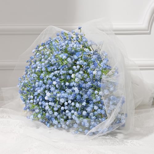 Dolicer 10 Pcs Babys Breath Artificial Flowers, Blue Long Stem Baby Breath Flowers Artificial Bulk, Real Touch Fake Babys Breath Gypsophila for Wedding Bridal Bouquet Party Arrangements Home Decor