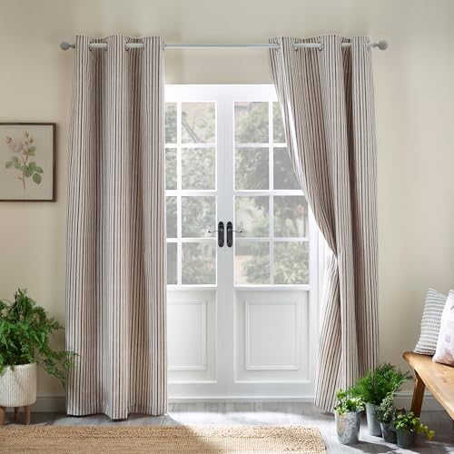 Catherine Lansfield Logan Stripe 46x72 Inch Lined Eyelet Curtains Two Panels Natural