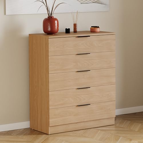 Vida Designs Trega 5 Drawer Chest of Drawers Pine - Compact Space-Saving Bedroom Storage Unit - 90Hx66Wx36Dcm - Anti-Bowing Support, Modern Black Handles, Glide Runners - Ideal for Bedroom & Nursery