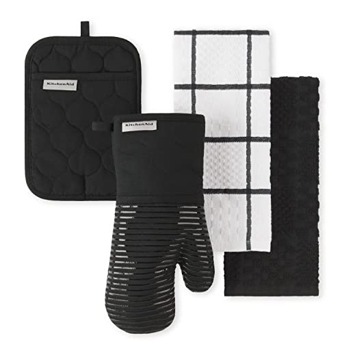 "KitchenAid Quilted Cotton Terry Cloth Oven Mitt, Pot Holder, Kitchen Towel 4-Pack Set, Heat Resistant, Silicone Grip, Gift Set, Matte Black, 16""x26"", 7""x13"" & 7""x10"""