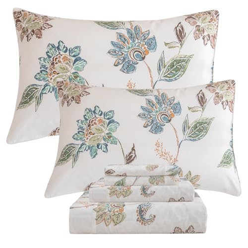 QSH Floral Bed Sheets Queen Size - 100% Egyptian Cotton Sheets Elegant Botanical Leaves Flower Pattern Printed Bedding Sheets Queen Size Bed Extra Soft and Breathable 4pcs Deep Pockets Bed Sheets