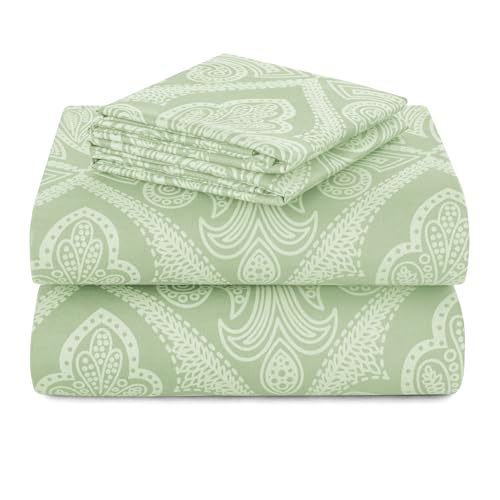 Hannah Linen Paisley California King Sheet Set, 4 PC Soft Microfiber Wrinkle Free Sheets - Luxurious Printed Bed Sheets Includes Flat Sheet, Fitted Sheet with Deep Pockets, & 2 Pillowcases - Sage