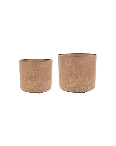 Ivyline Celine Set of Two Recycled Planters in Oak - UV Stable and Waterproof Artificial Stone Sustainable Flower Pots - Medium D16cm & Large D19cm