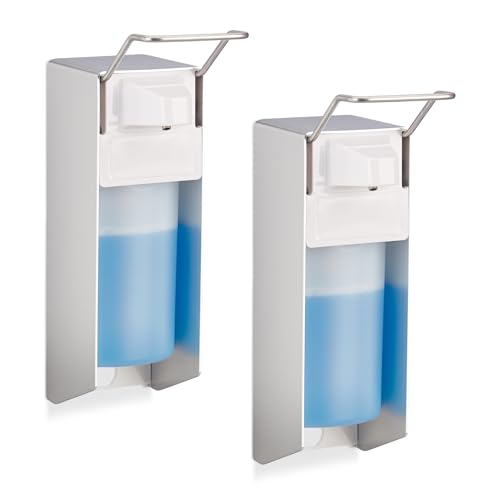 Relaxdays Disinfectant Dispenser, Set of 2, 500 ml, Liquid Soap Container, Wall-Mounted, Toilet, Office, Silver/White