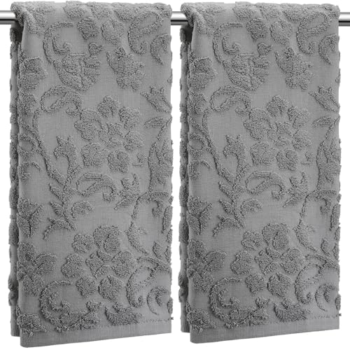 SmoothNovelty 2 Pcs Floral Jacquard Hand Towels for Bathroom Gray Hand Towels 100% Cotton Absorbent Decorative Weave Bath Decor Neutral Bathroom Decor Gift, 13.7 x 29.5 Inch