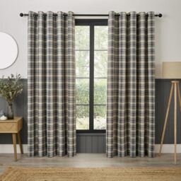 Curtina Everett Eyelet Curtains, Living Room, 168 x 137 cm, Grey, 100% Recycled Polyester, Light Filtering, Jacquard Woven, Checkered Pattern