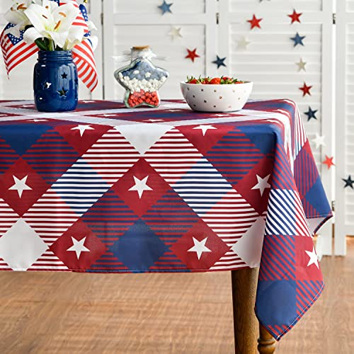 Horaldaily 4th of July Tablecloth 52x72 Inch, Patriotic Buffalo Plaid Stars Independence Day Memorial Day Table Cover for Party Picnic Dinner Decor