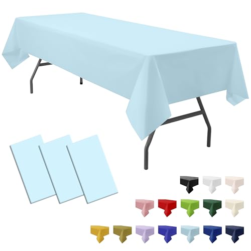 "PartiPallete 3-Pack Premium Plastic Light Sky Blue Tablecloth Disposable 54"" x 108"" Rectangle Table Cover Party Baby Pale Blue Table Cloths for Parties Birthdays Weddings Baby Shower Picnic Events"