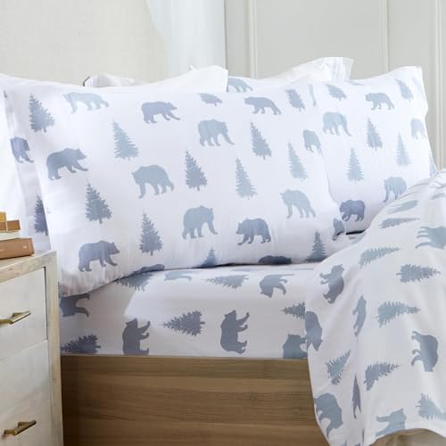 Market & Place 100% Turkish Cotton Flannel Sheet Set - 4 Piece Deep Pocket Novelty Cozy Winter Bed Sheets - Double Brushed for Extra Softness & Comfort - Alpine Collection (King, Grey Bears)