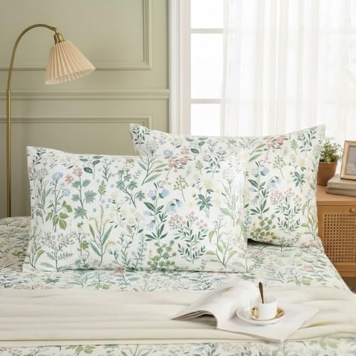 "Cozaline Standard Size Pillowcases Set of 2, 100% Cotton Pillow Cases, Fresh Green Botanical Bloom Pillow Covers, Smooth Cooling Envelope Closure Pillow Case Set (Standard, 20""x26"")"