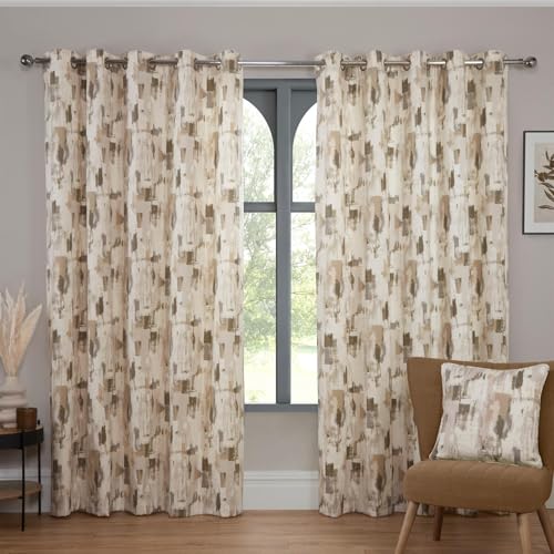 Sundour Bamford Fully Lined Abstract Eyelet Curtains Putty 46x90