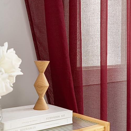 "MYSTIC-HOME Sheer Curtains for Windows, Window Treatments Semi Crinkle Curtains, Rod Pocket Sheer Privacy Curtains 63 inch Length 2 Panels Set Set of 2, Burgundy, 52"" Wx63 L"