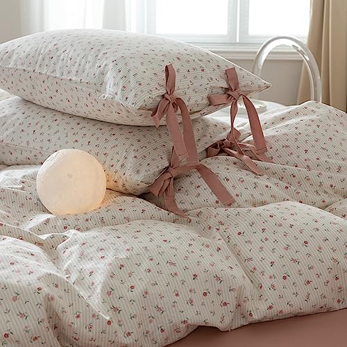 "Aesthetic Floral Pillowcases Set Kids Girls Pink Flower Pillow Shams Vintage Floral Bedding Pillow Covers with Elegant Bow Ties 100% Cotton Botanical Flower Pillowcases Set King, (2 Pieces, 20""x36"")"
