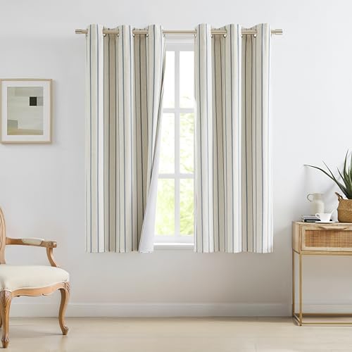 "Bapawfish Dusty Blue Stripe Full Blackout Window Curtains 72 Inches Long - Woven Vertical Stripe on Beige Linen Blend Drapes with Liner,Farmhouse Thermal Insulate Bedroom Window Treatment,40""Wx72""Lx2"