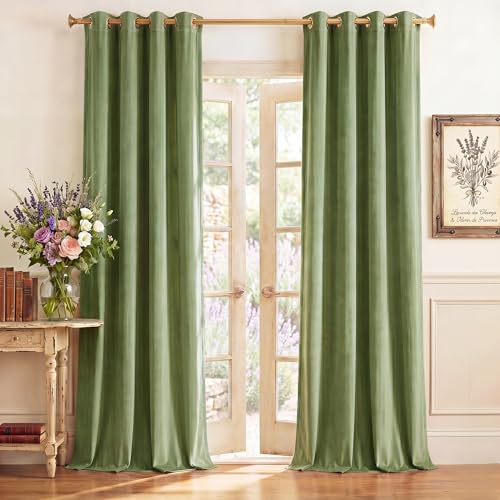 StangH Olive Green Velvet Grommet Privacy Window Curtains, W52 x L84, 2 Pcs - Christmas Holiday Decor, 300GSM Heavy Soft Velvet, Heat Insulated, Privacy, Panels for Bedroom, Kids Room, Living Room